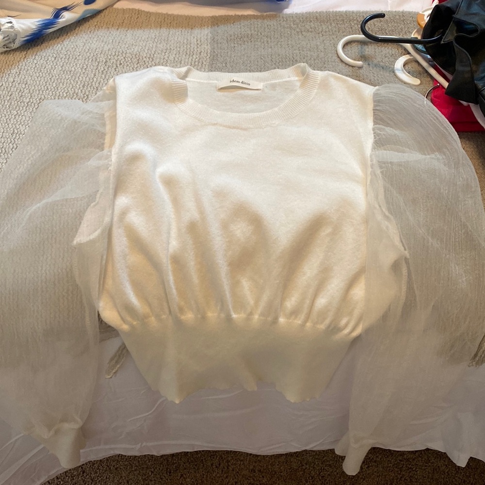 sheer arm white sweater blouse